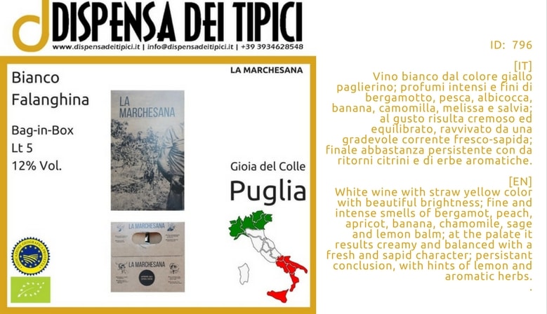 Bianco Falanghina Bag in Box Lt 5 – La Marchesana Polvanera – IGP Puglia Falanghina – ORGANIC