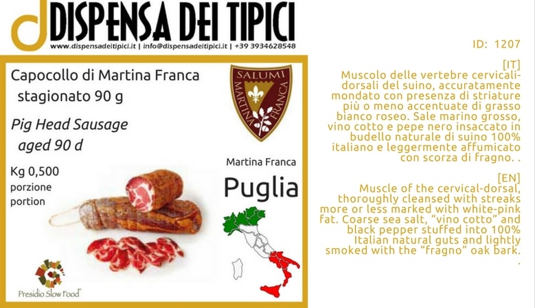 Pig Head Sausage Capocollo di Martina Franca Presidio Slow Food aged 90 d Kg 0,500 – Salumi Martina Franca