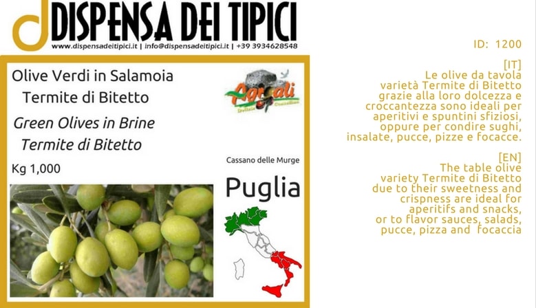 Olive Verdi in Salamoia cultivar Termite di Bitetto Kg 1,000 – Agroali
